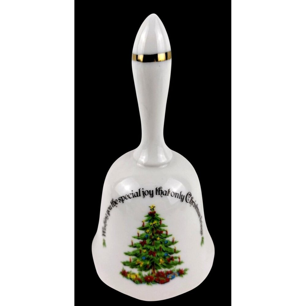 Porcelain Christmas Tree Bell Vintage Enesco Imports Made in Japan White 1970s